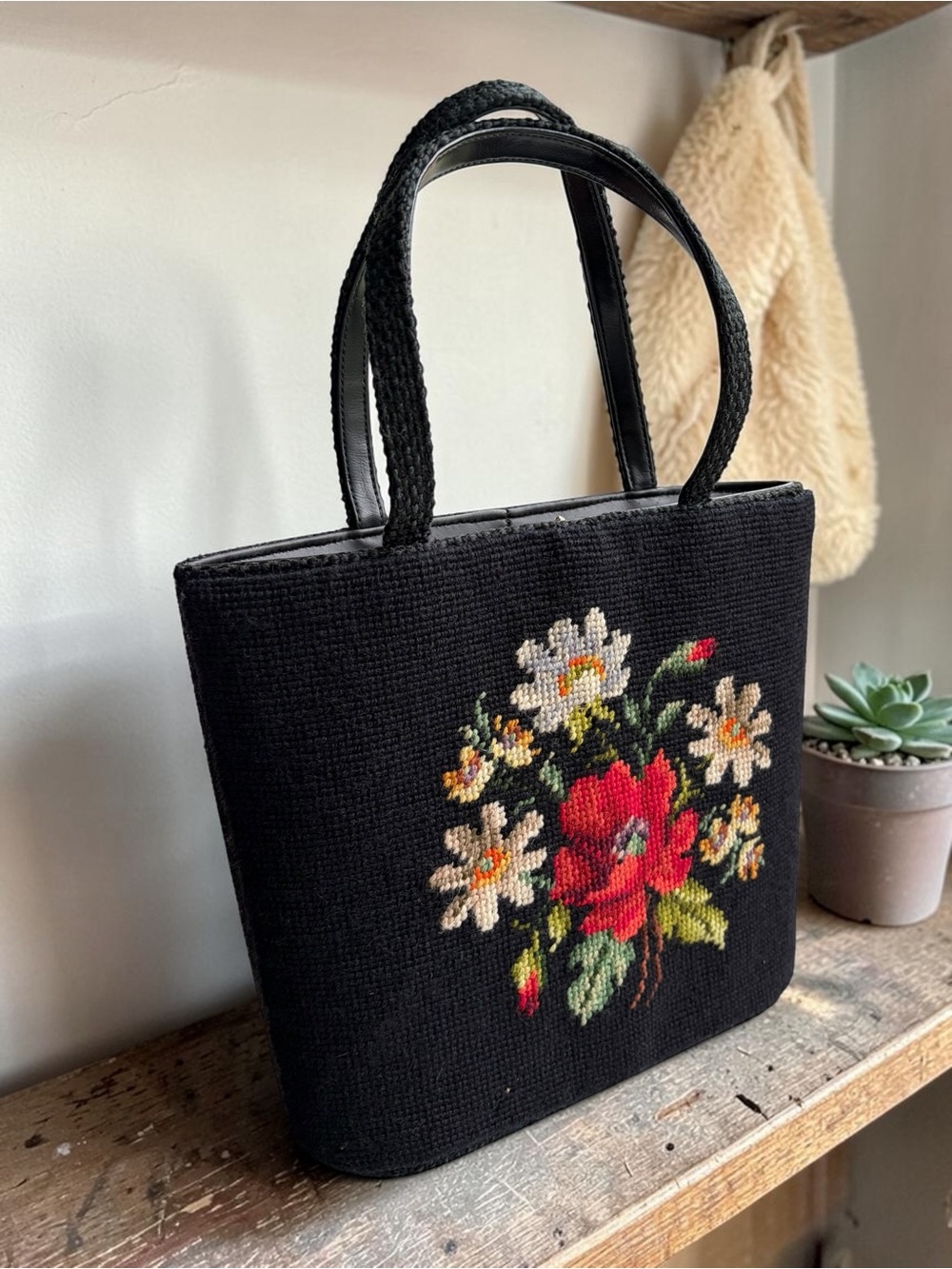 Vintage Black Needlepoint Tote with Red Floral Accent - Picture 3 of 16
